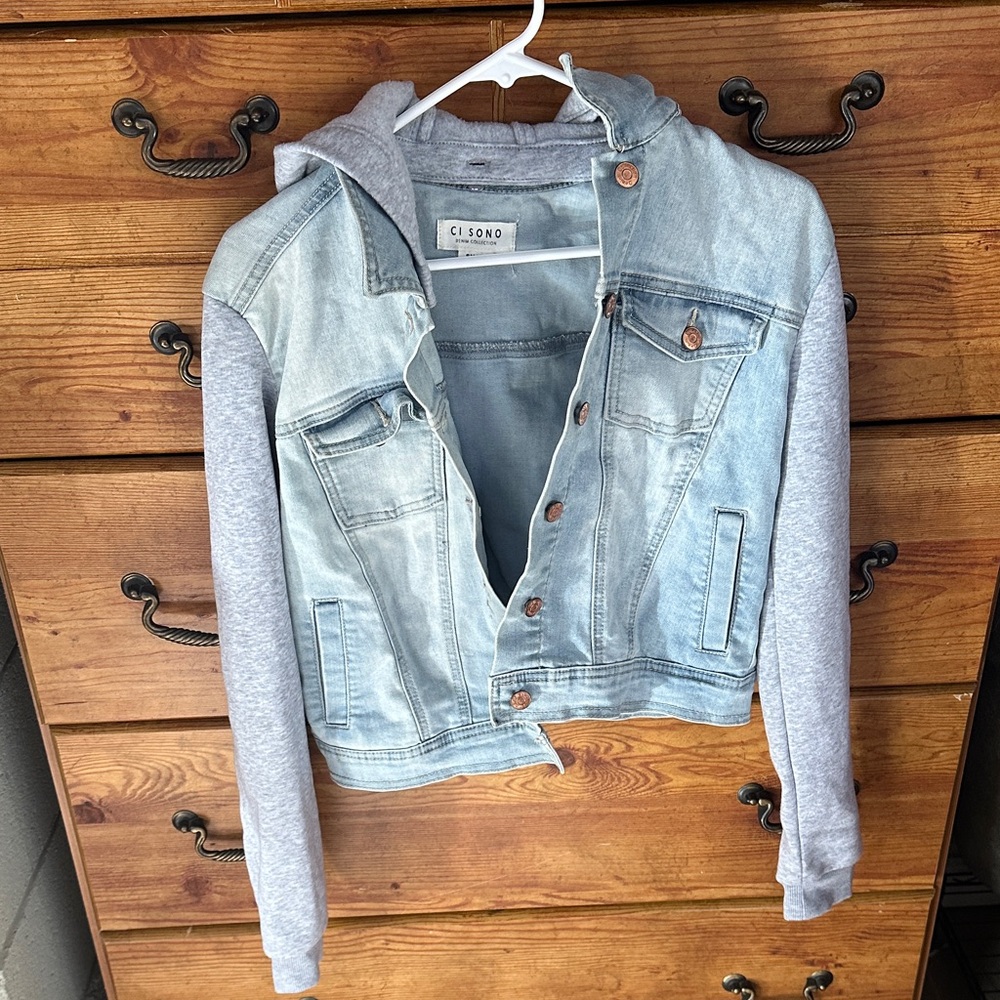 Denim hooded Jacket with Light Gray sleeves